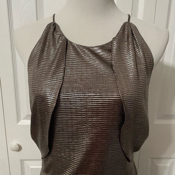 Halston Women’s Hi low Drape Metallic Gunmetal Racer back Midi dress size 8 - Picture 12 of 16
